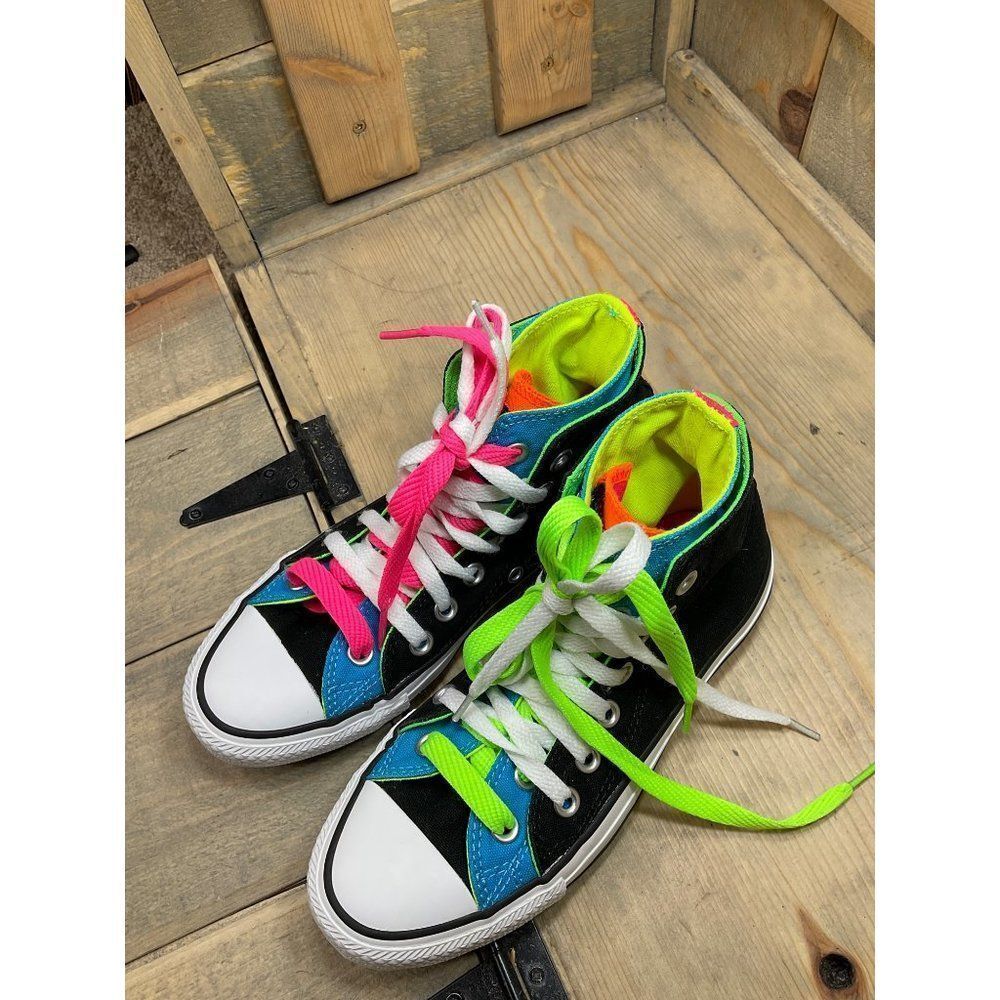 CONVERSE Neon Rare Double Lace Mens US4 Womens US6 Black Green Pink Vietnam - Picture 4 of 10